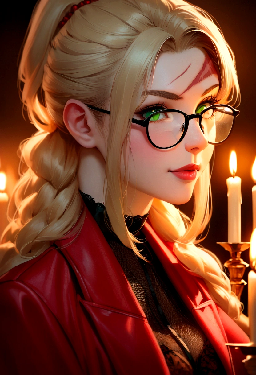 (((A deep reddish wound crosses his left cheek.))) thesis clara, Female about 33 years old, natural blonde hair, Distinctive green eyes, wearing glasses, Slim and elegant, beautiful, Candlelight in a pop setting, Ultra Sharp Focus, Realistic shot, Women's reggaeton clothing, Tetradic colors (scar:1.4)