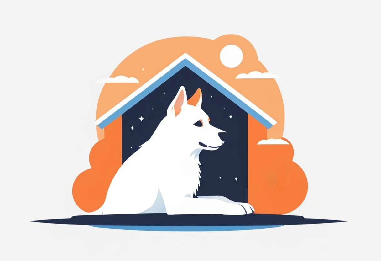 score_9, score_8_up, score_7_up, score_6_up, score_5_up, score_4_up, logo, A logo for a dog hottel, (fullbody), ((white dog:1.25), dog layin under the roof , pastell colors (orange, dark blue, blue, brown), LogoRedAF