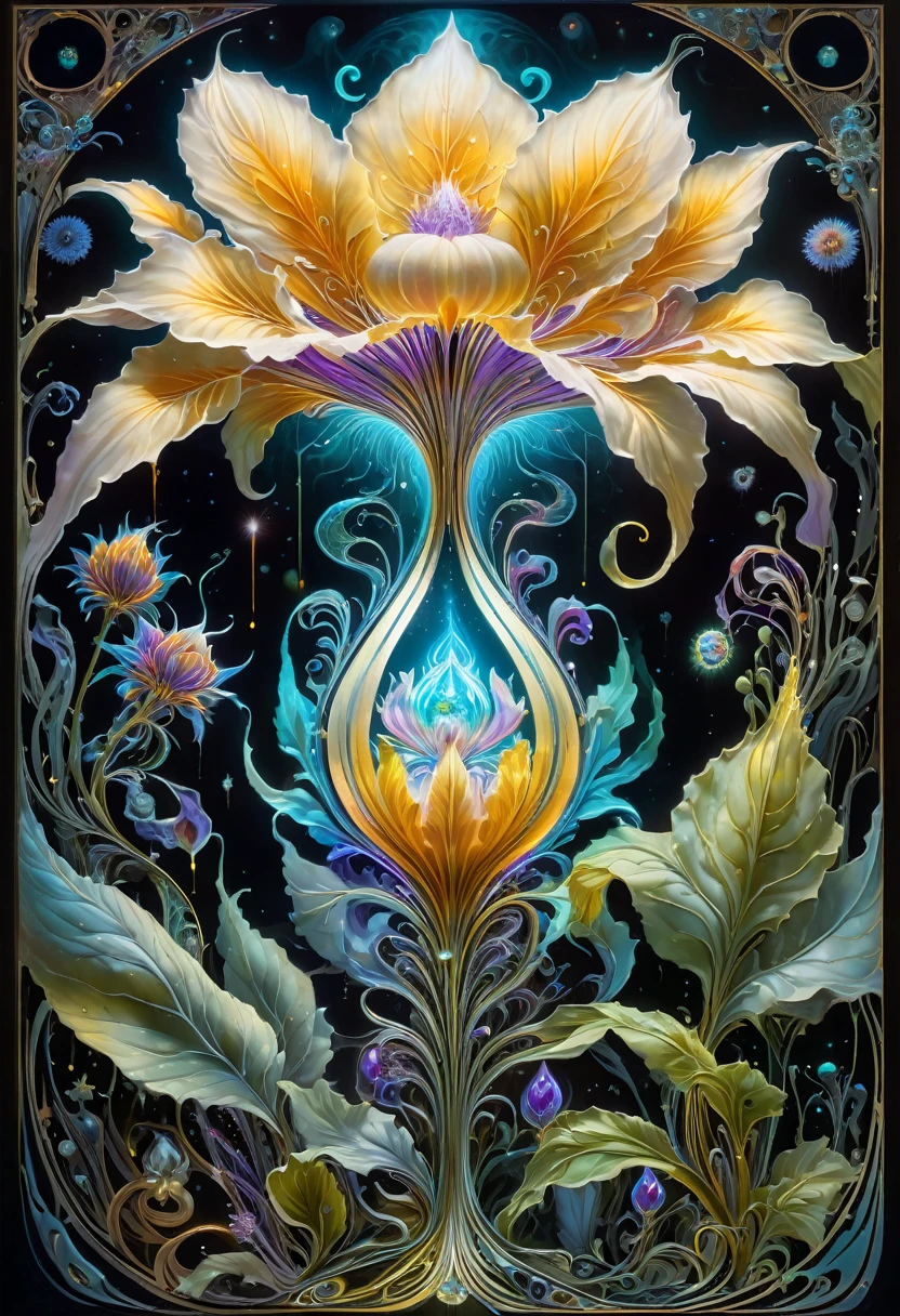 Magical ghost flower grown from the abyss,Images of fascinated witch encountering alien life forms, Bioluminescent plants light up, Very detailed, Surrealism, 10k high resolution, Gouache style, Graffiti Art, Glaslow, Influenced by Art Nouveau, Chest, and future, The Art of Lunar Cryptography,