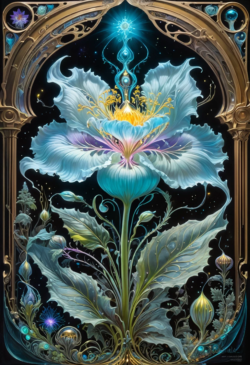 Magical ghost flower grown from the abyss,Images of fascinated witch encountering alien life forms, Bioluminescent plants light up, Very detailed, Surrealism, 10k high resolution, Gouache style, Graffiti Art, Glaslow, Influenced by Art Nouveau, Chest, and future, The Art of Lunar Cryptography,