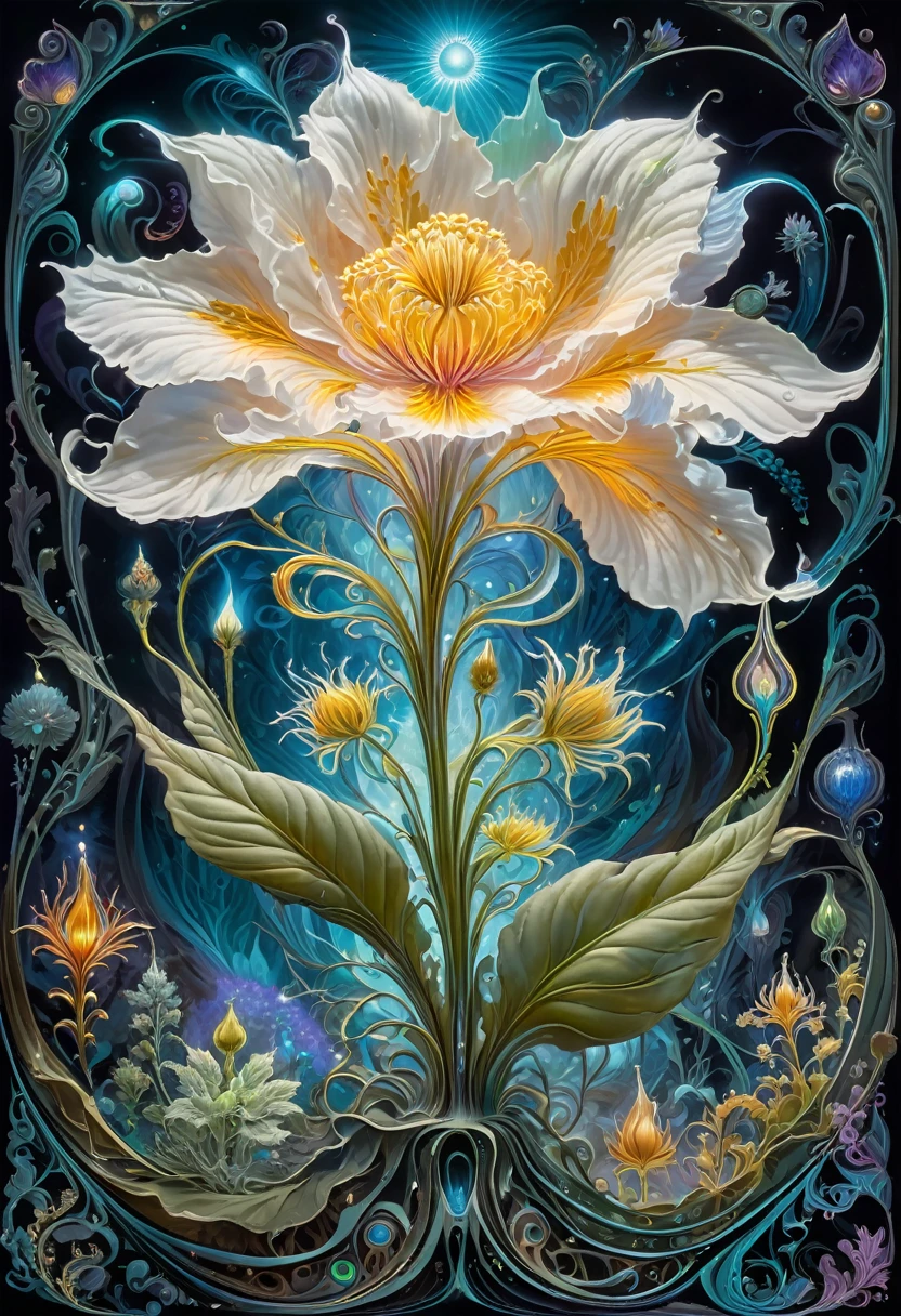 Magical ghost flower grown from the abyss,Images of fascinated witch encountering alien life forms, Bioluminescent plants light up, Very detailed, Surrealism, 10k high resolution, Gouache style, Graffiti Art, Glaslow, Influenced by Art Nouveau, Chest, and future, The Art of Lunar Cryptography,
