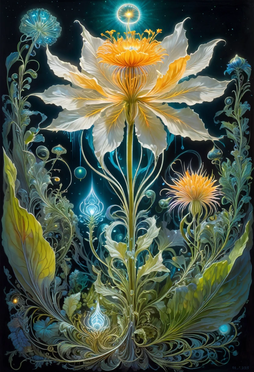 Magical ghost flower grown from the abyss,Images of fascinated witch encountering alien life forms, Bioluminescent plants light up, Very detailed, Surrealism, 10k high resolution, Gouache style, Graffiti Art, Glaslow, Influenced by Art Nouveau, Chest, and future, The Art of Lunar Cryptography,