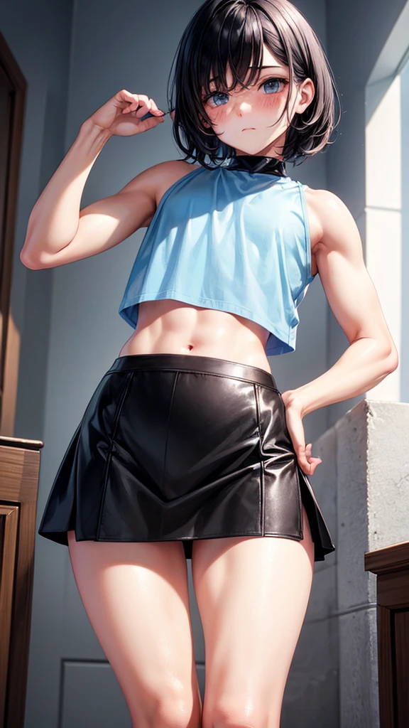  boy, blush cheeks, effeminate, blue colored eyes, short black hair. His skin is clear, he has a thin, muscleless body, thick-thighs. Wearing a black skirt and a short black crop top. In a room.