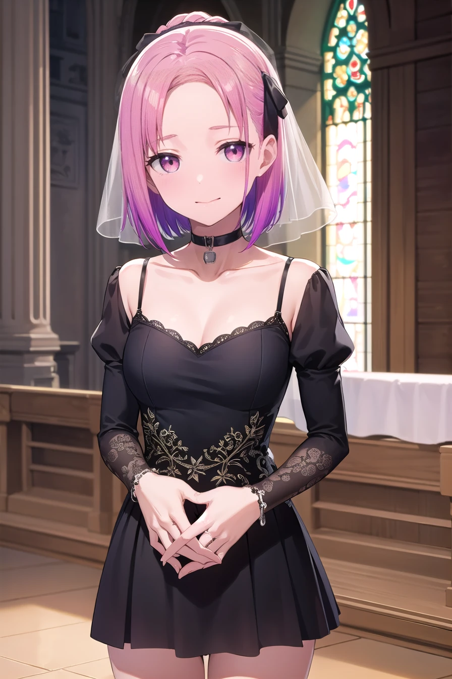 tsubamekoyasu, tsubame koyasu, short hair, hair ribbon, pink hair, purple hair, multicolored hair, (pink eyes:1.3), gradient hair, (forehead:1.2), smile,bridal veil, wedding veil, 
BREAK long sleeves, wedding dress, frills, garterbelt, collarbone, (black dress:1.2), church 
BREAK indoors,,
BREAK looking at viewer, (cowboy shot:1.5),
BREAK (masterpiece:1.2), best quality, high resolution, unity 8k wallpaper, (illustration:0.8), (beautiful detailed eyes:1.6), extremely detailed face, perfect lighting, extremely detailed CG, (perfect hands, perfect anatomy),Wearing a dog collar, Naughty tattoo on the belly 