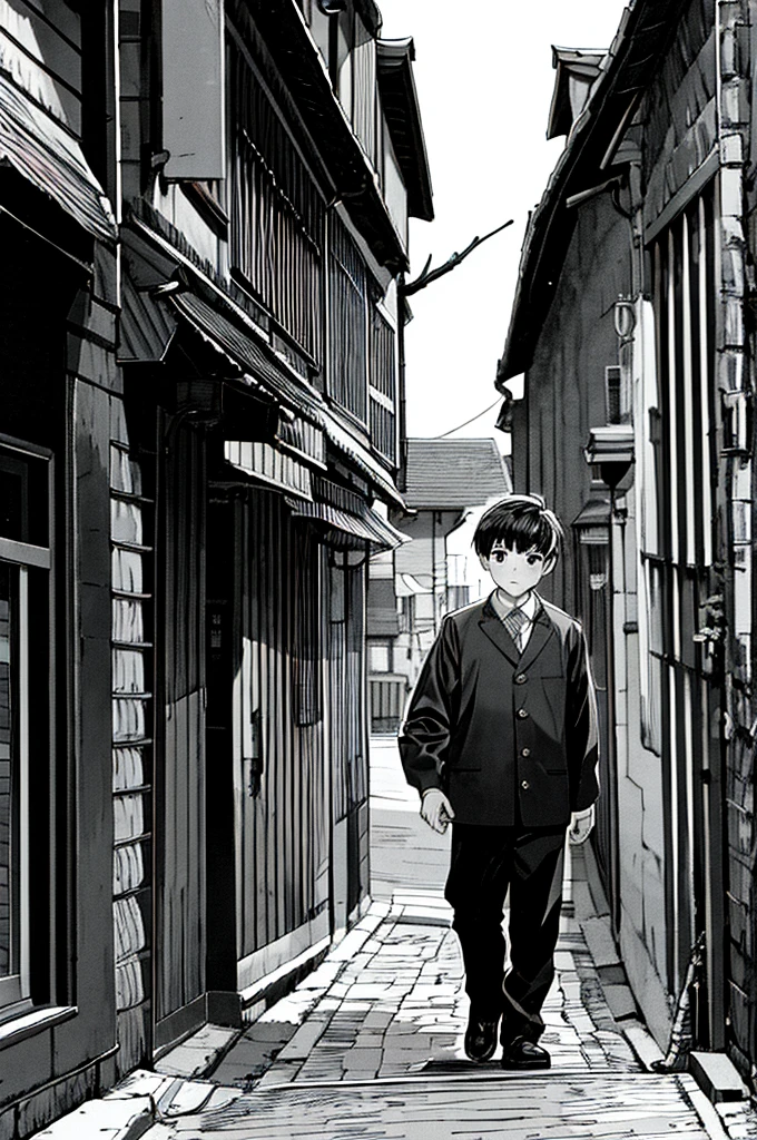 masterpiece,One boy,,(Character Focus),Black and white image quality,old photograph,In town,Street