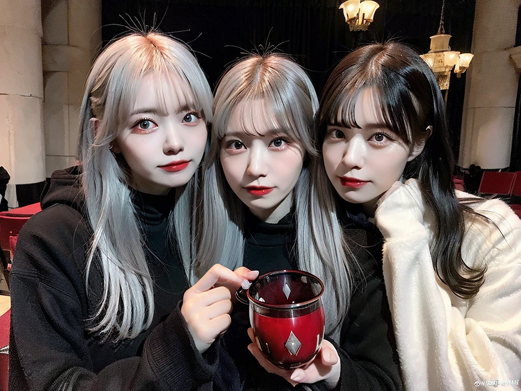 (very sharp result, full body desaturated photo) (((textile shading))), (((Best Quality))), (((masterpiece))), (((hyper realistic photo))) in starwars universe, wide lens full body, (2 sith girl hold & kiss each other), black cult hoodie outside, naked inside, they have big breast, white pale skin, vampire smile with fangs, pale face, bright red eyes (they a holding a skull goblet) they white hair, inside a dramatic red castle, source of light only from red lantern on the castle, horror feel mood gritty atmosphere,4K