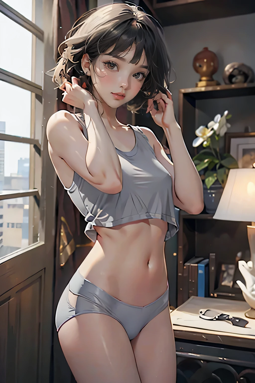 masterpiece, Very detailed, 8K Portrait, RAW Photos, Portrait Photography, Very detailed顔, 1 female, (Fighting Pose), 33 years old, (Small eyes), Glasses, (Black short bob hair), (Hair on one eye), (White skin color), (Grey Calvin Klein underwear:1.5), Midday Sun, Ultra-realistic, Body Model, (Small breasts:1.2), Beautiful breasts, (Big Ass), Long legs, living room, Ambient Lighting, Shadow Details, Camera focus on face, Strong winds, Light fog, A shy smile, Random Pause,