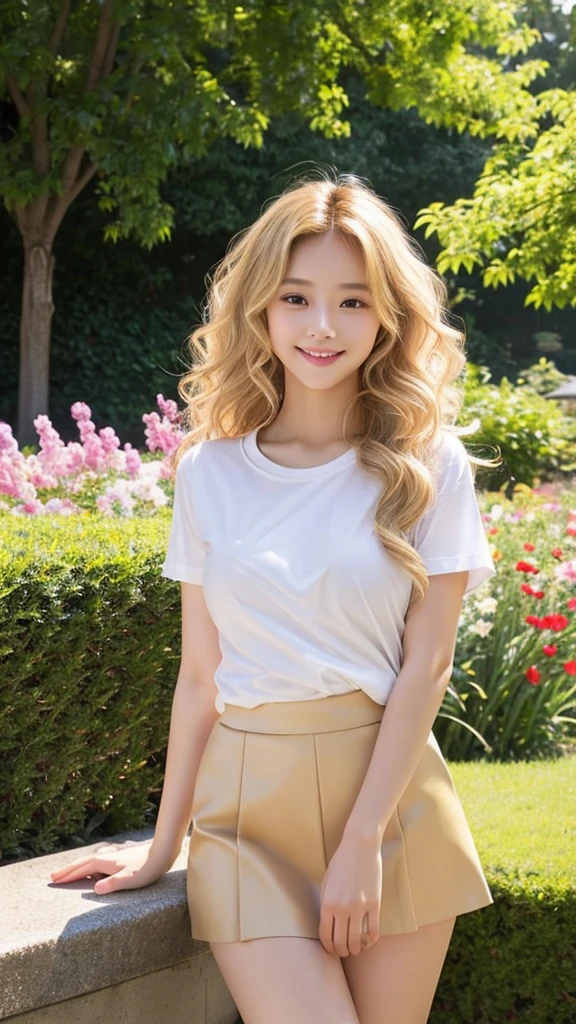 Highest quality、Highest quality、masterpiece、Highest pixels、Young Japanese woman、One woman、Golden Hair、Blonde Hair、Late 20s、Tight Skirt、Long legs、Smile、sunlight、sexy、Larger breasts、Long legs、whole body、garden、T-Shirts、Realistic、Real、Realistic、Long, sharp eyes、Curly Hair、