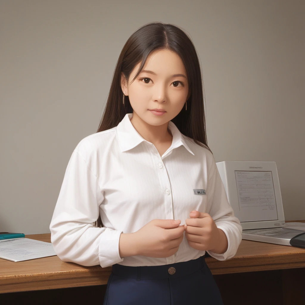 Asian office worker with nice  , unhinged, unstable, uncertain, unreliable