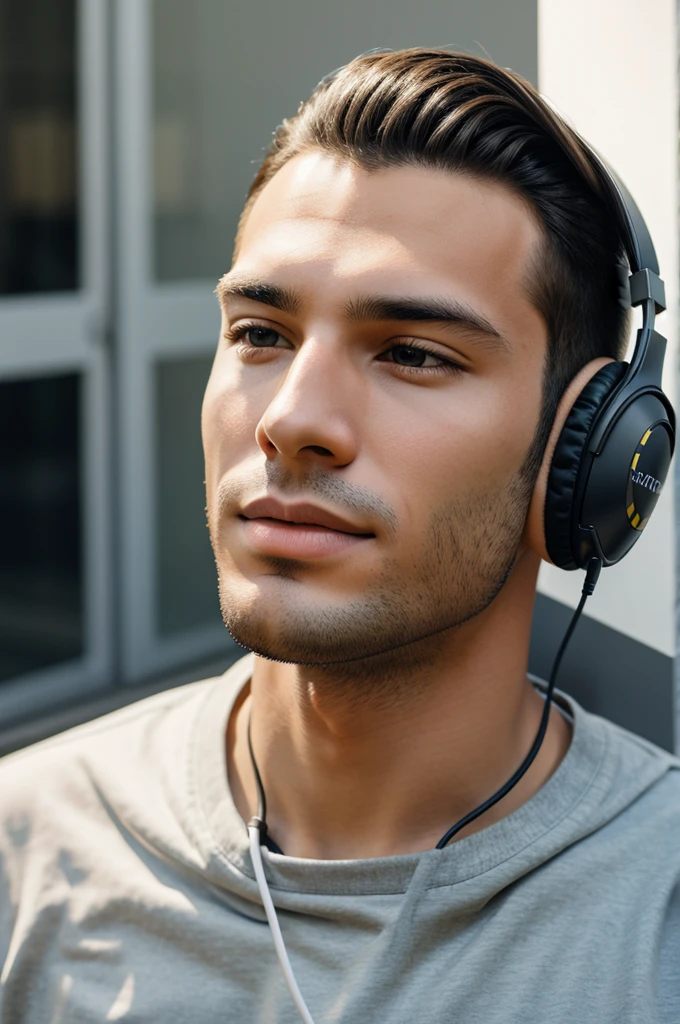 Young man listening to music with headphones