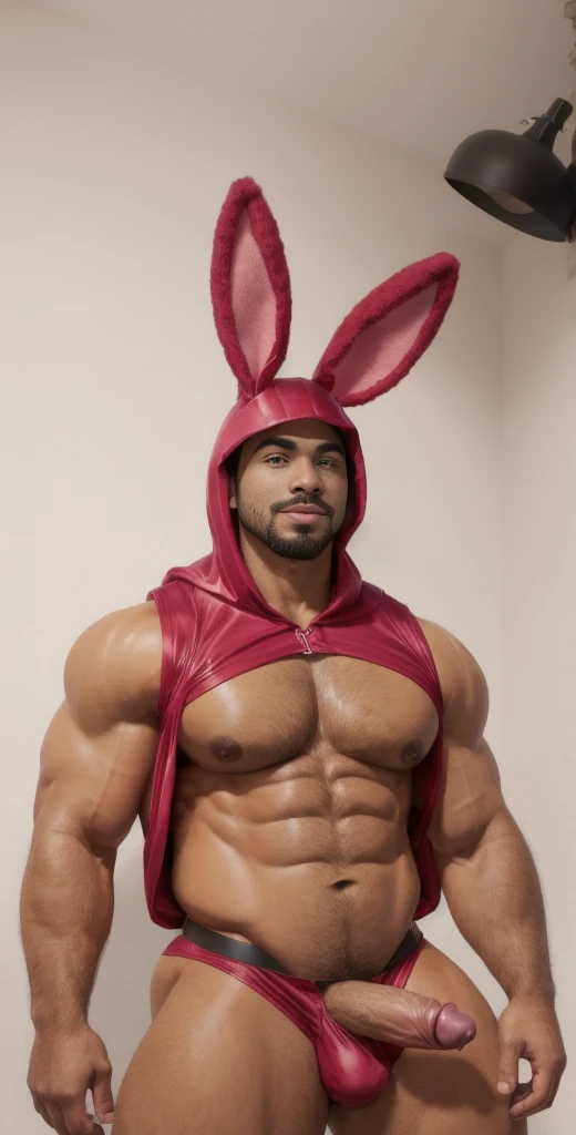 1boy, solo, facial hair, male focus, bulge, pectorals, bara, muscular, mature male, muscular male, abs, beard, nipples, short hair, navel, stomach, large pectorals, thick eyebrows, bare pectorals, dark-skinned male, animal costume, erection, thighs, erection under clothes, animal hood, dark skin, open clothes, animal ears, hood, pink bodysuit, pectoral cleavage, cowboy shot, feet out of frame, thick thighs, looking at viewer, fake animal ears, rabbit costume, masterpiece, 4k, high quality, highres, absurdres,