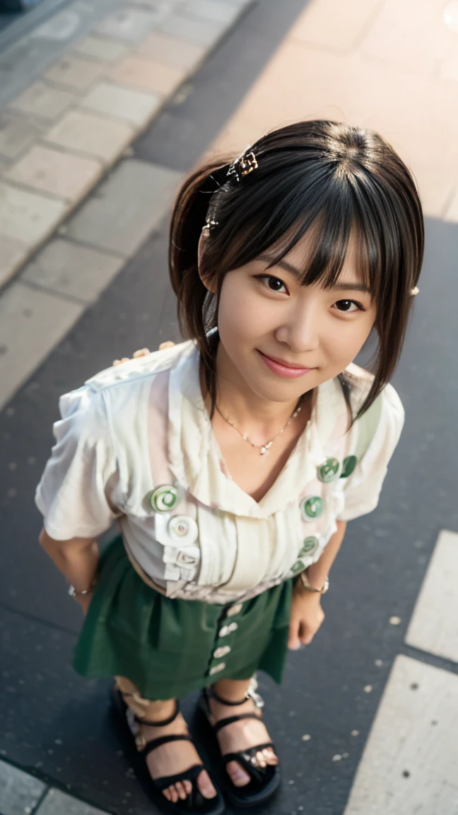 ((low angle full body shot:1.5)), ((wide shot:1.5)), ((View your viewers:1.5)), ((Looking into the camera:1.5)), ((looking at viewer:1.5)), ((look into the viewer's eyes:1.5)), (ultra detailed), (masterpiece), (best quality), (top-quality, 16K, masterpiece:1.3), Highest quality, masterpiece, (Realistic:1.4), Raw photo, Surreal, Highest quality, Extremely detailed CG, Very delicate and beautiful, 16K Wallpaper, Ultra-high resolution, 1 woman, 38歳の日本people々woman, (small eyes:1.5), (Skin dents), Medium Chest, (Professional Lighting), In the streets of Shibuya, people々, Long Hair, (bangs:1.5), ((casual and comfortable shirt dress with a button-up front and a belted waist:1.5)), ((wearing mama fashion style sandals:1.5)), Nice, Floating Hair, ((standing:1.5)), (Dynamic pose:1.5), (sunset:1.2), (Shy Smile:1.2), Thin lips, slim, (Highly detailed face), (Highly detailed facial expressions), (Face the front completely:1.5), Slender body, Large file size,