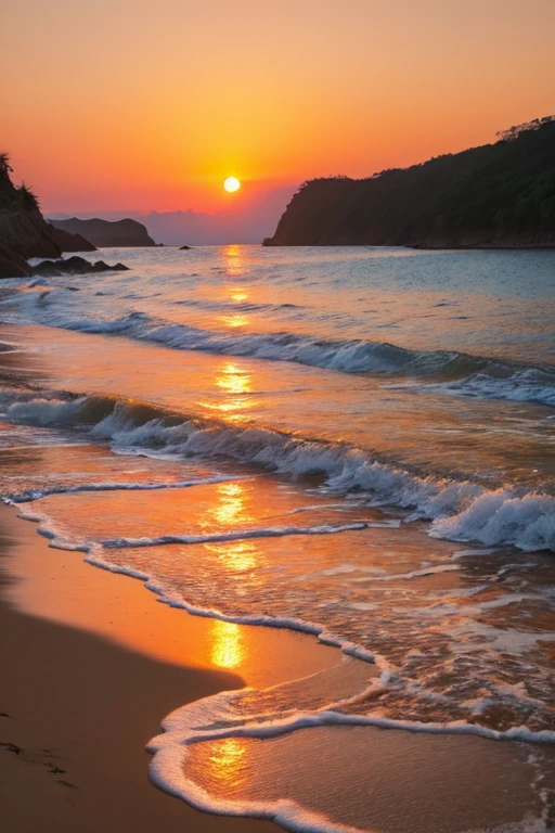 Highest quality、Landscape painting、Seaside、Sunset、orange