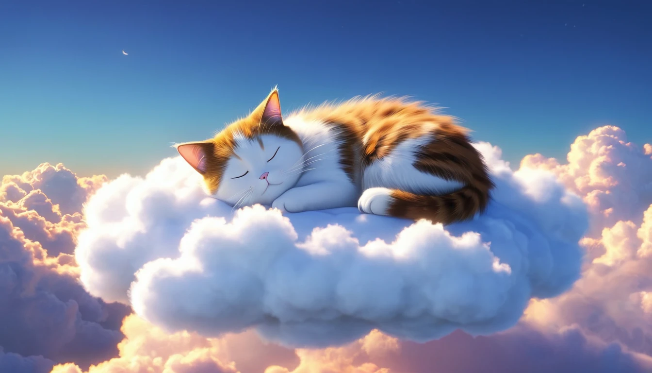 there is a cat that is sleeping on a cloud, Sweet dreams, sleep with love, sleepy, Trending on cgstation, sleep, sleeping, dream-like night, dream-like, .. if only i could sleep, DreamWorks Animation Style, good night, Cold Night, Anime movies,