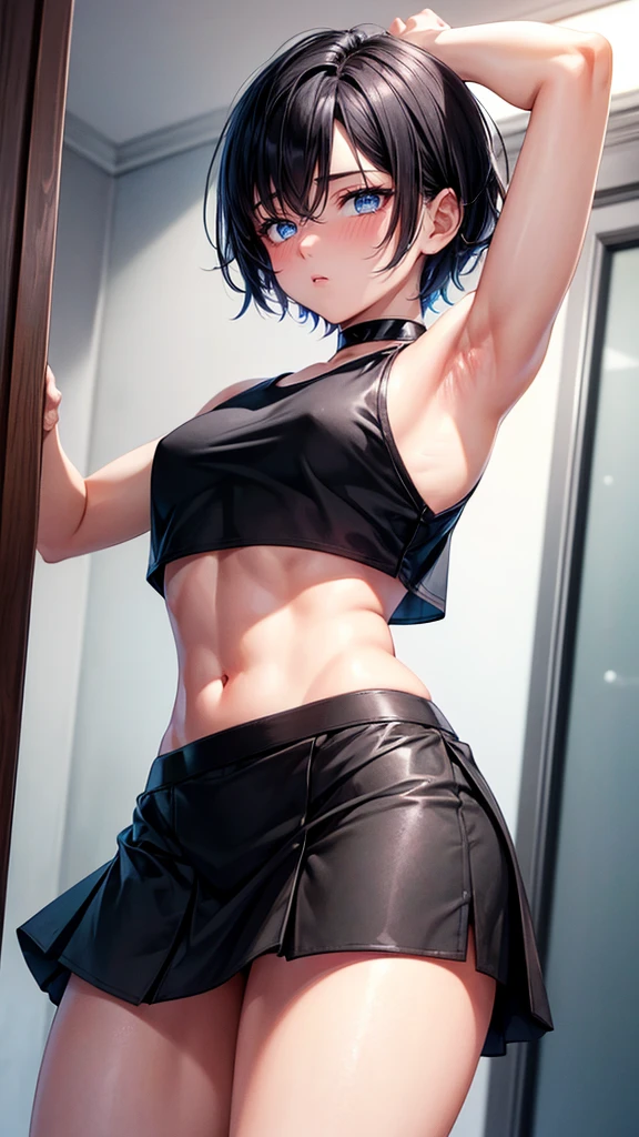  boy, blush cheeks, effeminate, blue colored eyes, short black hair. His skin is clear, he has a thin, muscleless body, thick-thighs. Wearing a black skirt and a short black crop top. In a room.