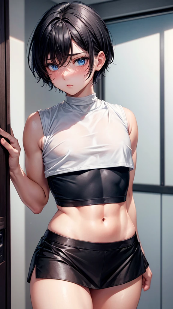  boy, blush cheeks, effeminate, blue colored eyes, short black hair. His skin is clear, he has a thin, muscleless body, thick-thighs. Wearing a black skirt and a short black crop top. In a room.