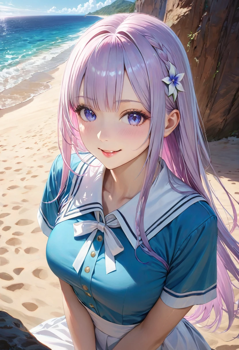 (Panorama, Center, Masterpiece, Highest Quality: 1.2), (8K, Raw Photos, Highest Quality), ((Masterpiece: 1.2)), Realistic, Ultra High Resolution, High Contrast, Photon Mapping, Vivid Colors, distant view, long shot, from behind, full body, Focal length: 26mm, f/5, Super Detailed, Raw Photos, Authentic, Official Art, RAW Photos, Professional Lighting, Lights, Vivid Atmosphere, finest illustration, best shadows), A smiling young girl (Emilia princess from Re:Zero, elegant silver-haired girl with delicate features, beautiful detailed eyes, long eyelashes, full lips, colorful makeup, slim waist, wearing a academy uniform, short sleeve top, photorealistic, (best quality,4k,8k,highres,masterpiece:1.2),ultra-detailed,(realistic,photorealistic,photo-realistic:1.37), extremely detailed face and eyes, highly detailed iris, (cute)),Early summer. On a beautiful white sandy beach, a smiling girl is looking at the islands scattered off the coast of the sea. A white cat is sitting next to a smiling girl. Beautiful blue gradient. Beautiful green gradient. An atmosphere that exudes the excitement of adventure. An atmosphere that makes you feel happy and joyful. High Fantasy Worldview. A magnificent composition. Beautifully depicted with the golden rule. Guardian nebula of rainbow light and silvery vapor. Corrosive Encirclement Ray Family Color. Slimy air.