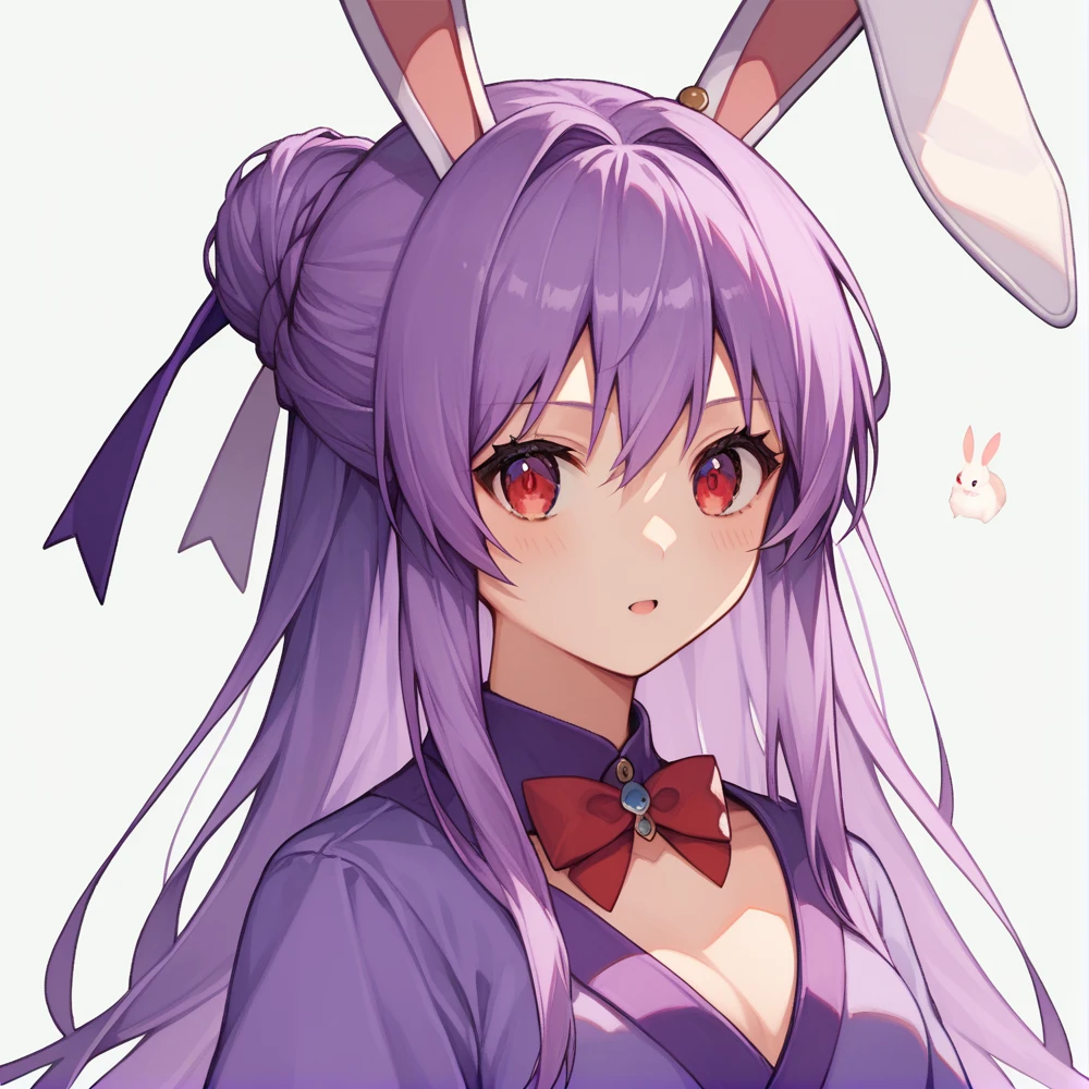 score_9, score_8_up, score_8, score_9, 1 girl,  source_anime,  reisen udongein inaba, purple hair, red eyes, rabbit ears, rabbit girl, long hair, portrait, updo hairstyle, violet kimono, sedge hat