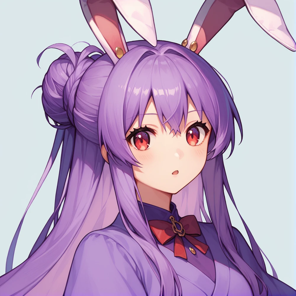 score_9, score_8_up, score_8, score_9, 1 girl,  source_anime,  reisen udongein inaba, purple hair, red eyes, rabbit ears, rabbit girl, long hair, portrait, updo hairstyle, violet kimono, sedge hat