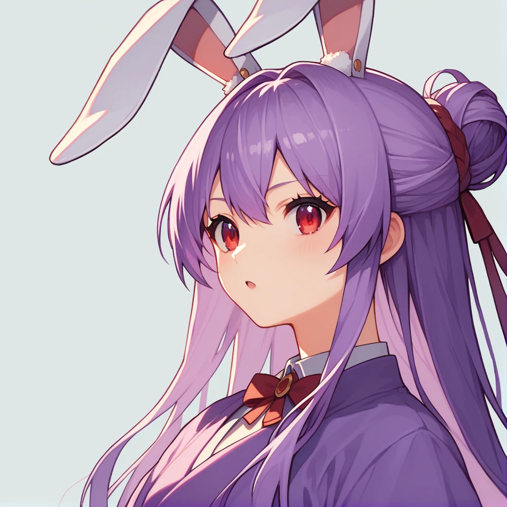 score_9, score_8_up, score_8, score_9, 1 girl,  source_anime,  reisen udongein inaba, purple hair, red eyes, rabbit ears, rabbit girl, long hair, portrait, updo hairstyle, violet kimono, sedge hat