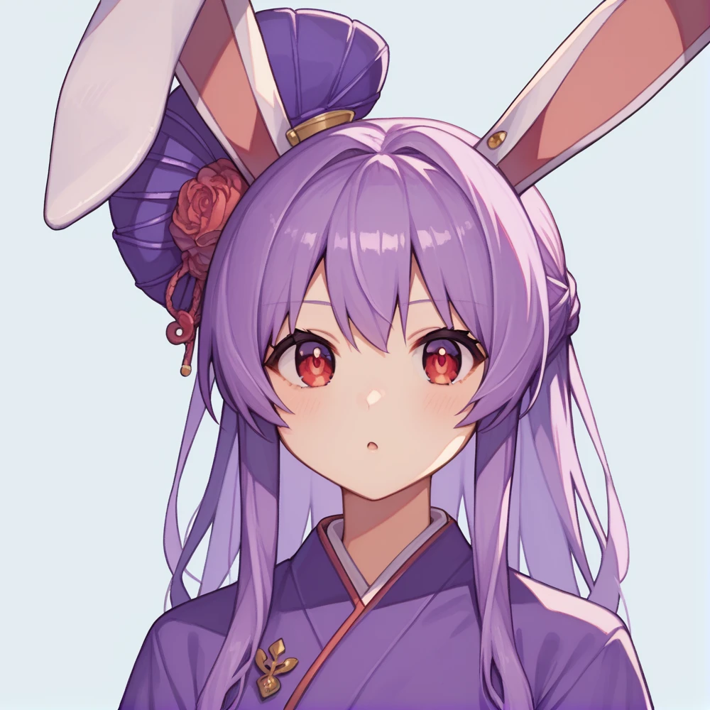 score_9, score_8_up, score_8, score_9, 1 girl,  source_anime,  reisen udongein inaba, purple hair, red eyes, rabbit ears, rabbit girl, long hair, portrait, updo hairstyle, violet kimono, sedge hat