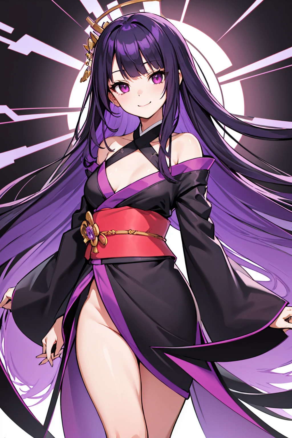 whole body,Standing posture, (Purple Hair,Long straight hair,Trimmed bangs,Hime cut,) (Small breasts,,Symphogia style,), (Cute face:1.2) (kimono,Black clothes,slit,) Cold Smile,(White background) 