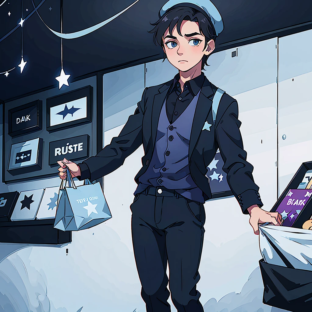 charming man, shortb black hair, blue eyes, wearing a dark blue beret with a star on it, dark blue shirt with stars on it, black pants, holding purple shopping bags, mall backround, ultrasharp, 8k, masterpiece, looking at viewer