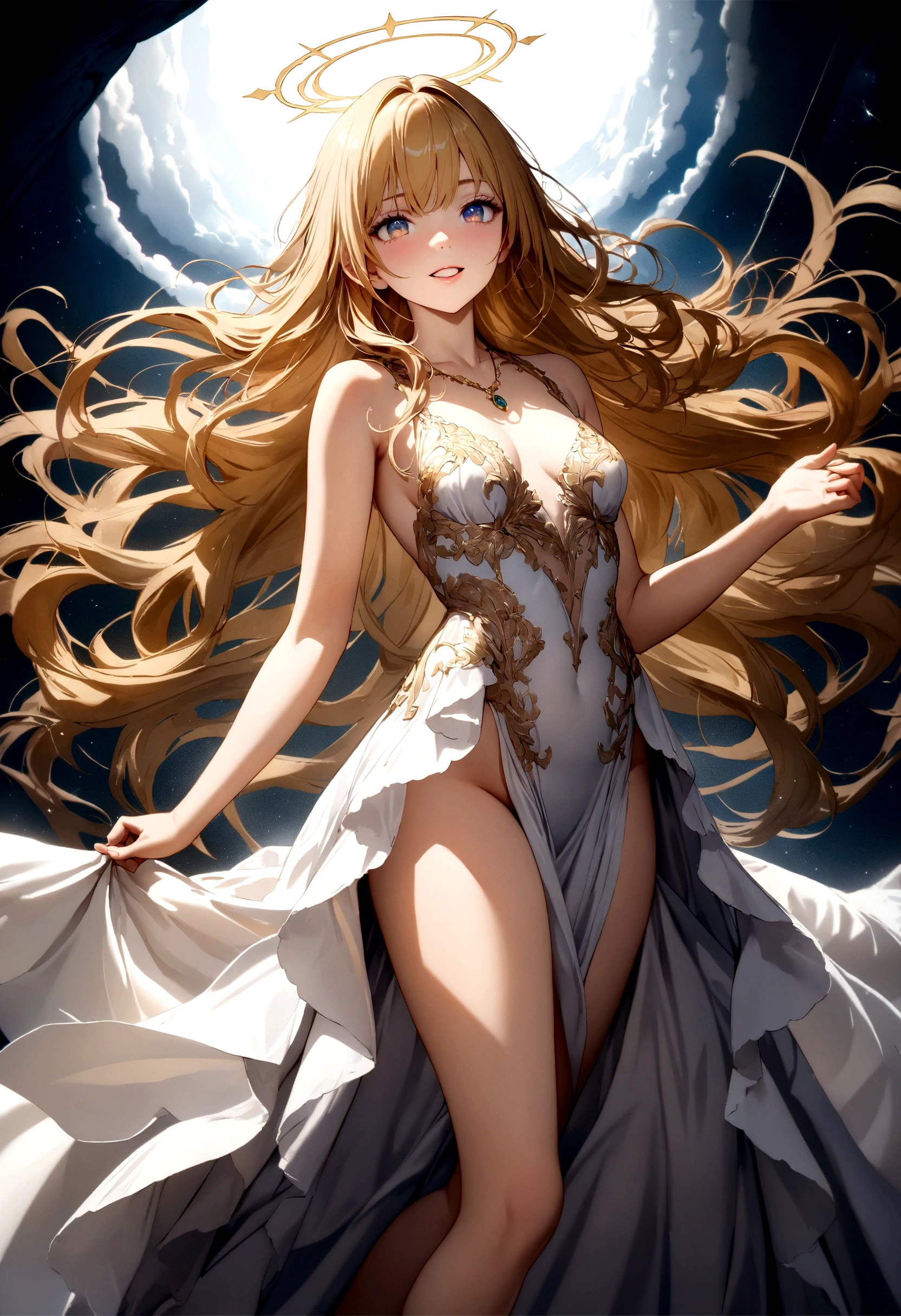 an extremely delicate and beautiful girl with golden pupil, Holy, intricate detail, amazing quality, (masterpiece), (high quality), wallpaper 8K CG, high resolution, extremely detailed, photorealistic, beautiful detailed, full body, best detailed girl, depthoffield, mount the cloud and ride the mist, beautiful detailed fullbody, Perfect body, single human girl, detailed long hair, dynamic hair, long bangs, gold hair.lace, streaked hair, beatiful detailed hair, super fucking beautiful, grin, gorgeous detailed eyes, Slightly open mouth, human hands, medium chest circumference, slim legs, beauty detailed eye, Smooth skin, wave at the edge of dress, angel halo, gem necklace, angel wing, Exquisite cloth, white silk Clothes, volumetric lighting, grand space, delicate background, holy, complex details,