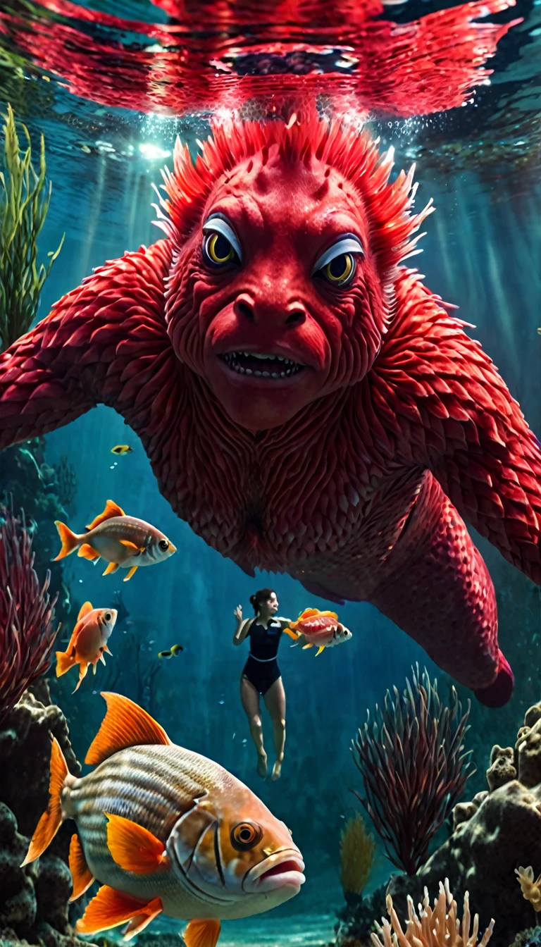 Panorama,Red creature with human face and fish body under the water(best quality,4K,8K,High level,masterpiece:1.2),Ultra Detailed,(lifelike,Photo real,Photo real:1.37),Highly detailed animals,Complex patterns,Realistic lighting,Fantasy Creatures