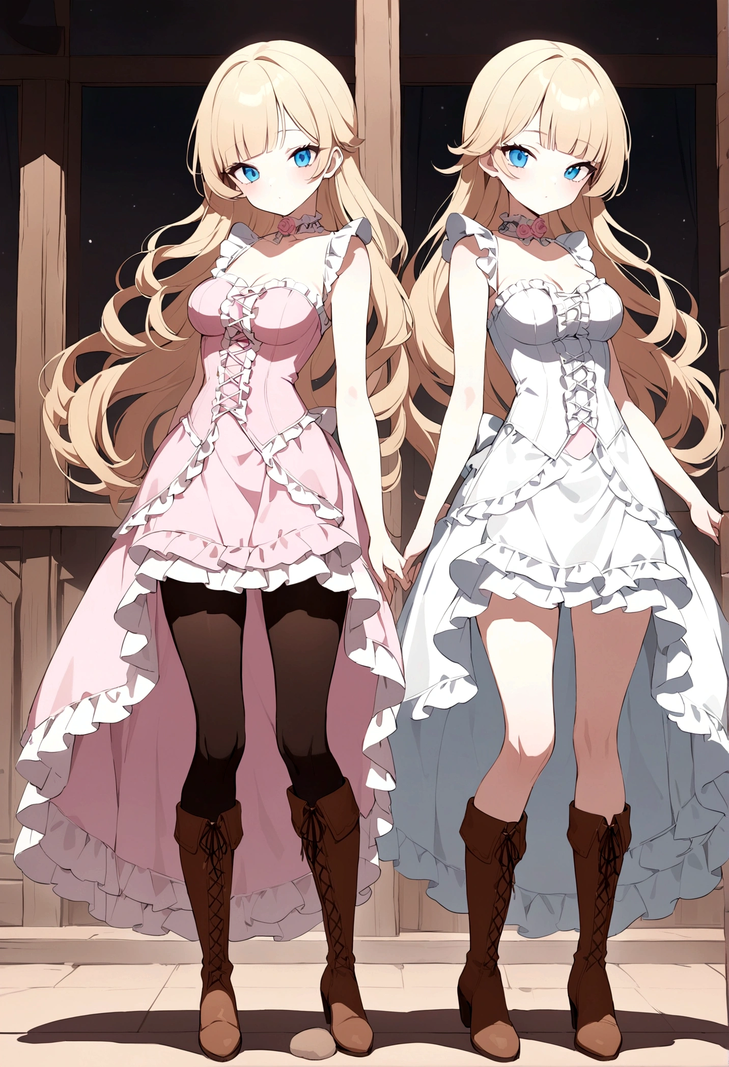 Curls,blonde hair,blue eyes,long eyelashes,long hair,fringe bangs,sidecurls,fullbody,standing,masterpiece,highress,frilly intricate pink saloon girl dress,knee length skirt,white accents,pink corset,lace up heeled knee high boots,stockings,saloon,short at the front center of the skirt,frilly sleeveles saloon girl dress with sweatheart frilled neckline,kneelength dress,frilled hemline,cowboy boots+,wild west,western,lace choker with big pink rose at the side,white frilled hem hemline,fullbody+,panier,standing straight,solo,
