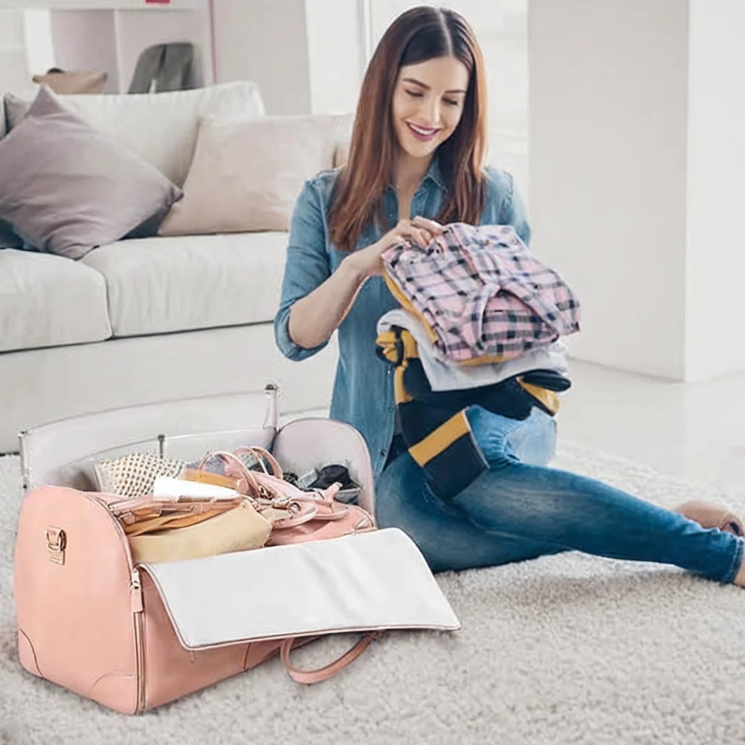 "A stylish traveler walking through an airport with a sleek, pink PU leather bag in hand." "Close-up of the pink PU leather bag, highlighting its design and features."