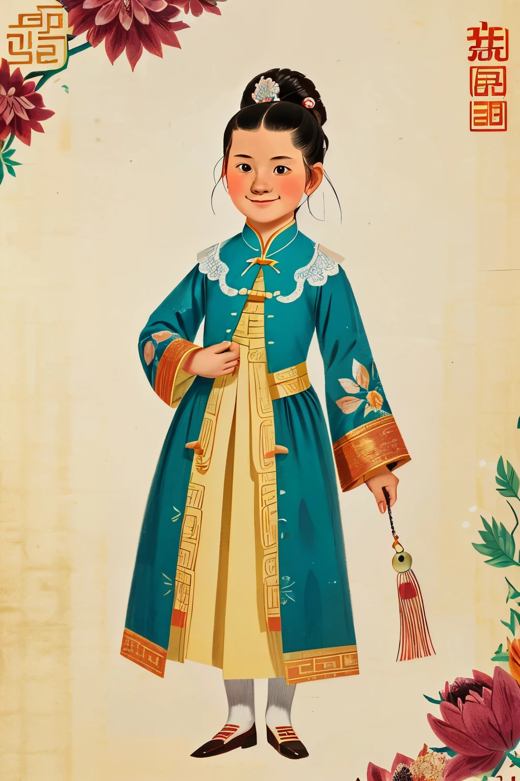 Puwei, China, 1836. A young ((((13-year-old)) SnowFlower)), girl, pale, beautiful, in a fair, ((smug smile)), ((((chinese clothings from the 1830s)))), ((hairstyle of the 1830s)), ((colorful))