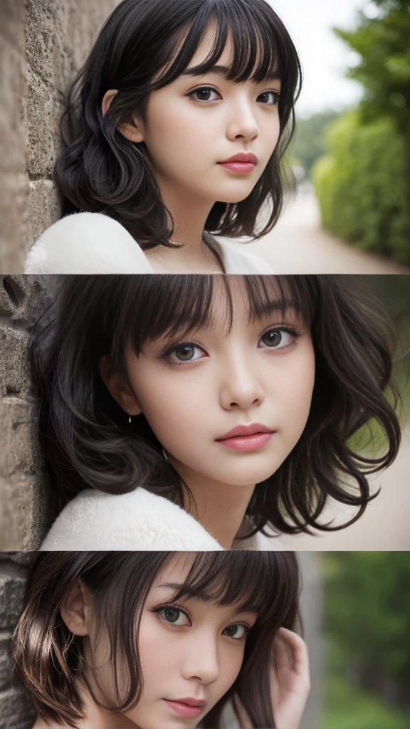 (Highest quality, Very detailed, masterpiece:1.2), 1 women, Very thin body, length, Thin legs, ((Black wavy short hair:1.2)), ((Thick and fluffy bangs)), Very detailedな顔,A faint smile, small, Thin Nose, small thin mouth, Extremely sharply focused eyes, Japanese, Beautiful Face, Realistic eyes, Beautiful and beautiful eyes, Realistic Skin, Beautiful Skin, charm, (A vivid face), Beautiful Hairstyles,((Over Size Tシャツ)),脇を見せる,腕を上げる,Creepy and unique hairstyles,下からのアングル, High resolution, Vibrant color palette, Mysterious and mysterious stone wall, Amazing place,Characteristic dark shadows and strange details, background, Backwards