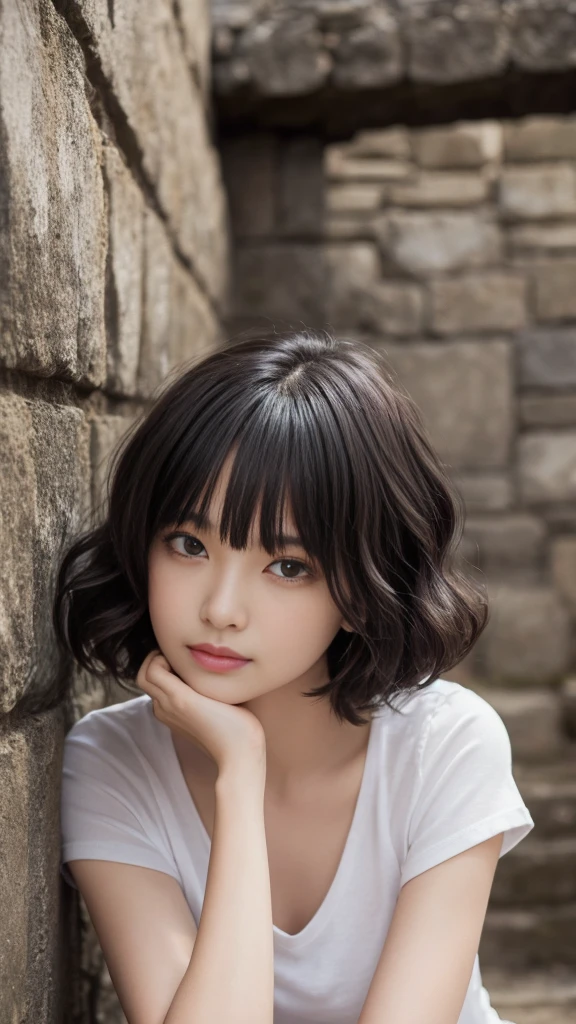 (Highest quality, Very detailed, masterpiece:1.2), 1 women, Very thin body, length, Thin legs, ((Black wavy short hair:1.2)), ((Thick and fluffy bangs)), Very detailedな顔,A faint smile, small, Thin Nose, small thin mouth, Extremely sharply focused eyes, Japanese, Beautiful Face, Realistic eyes, Beautiful and beautiful eyes, Realistic Skin, Beautiful Skin, charm, (A vivid face), Beautiful Hairstyles,((Over Size Tシャツ)),脇を見せる,腕を上げる,Creepy and unique hairstyles,下からのアングル, High resolution, Vibrant color palette, Mysterious and mysterious stone wall, Amazing place,Characteristic dark shadows and strange details, background, Backwards