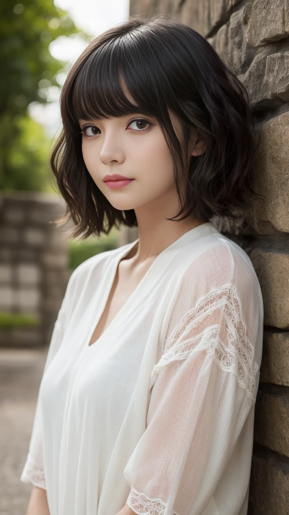 (Highest quality, Very detailed, masterpiece:1.2), 1 women, Very thin body, length, Thin legs, ((Black wavy short hair:1.2)), ((Thick and fluffy bangs)), Very detailedな顔,A faint smile, small, Thin Nose, small thin mouth, Extremely sharply focused eyes, Japanese, Beautiful Face, Realistic eyes, Beautiful and beautiful eyes, Realistic Skin, Beautiful Skin, charm, (A vivid face), Beautiful Hairstyles,((Over Size Tシャツ)),脇を見せる,腕を上げる,Creepy and unique hairstyles,下からのアングル, High resolution, Vibrant color palette, Mysterious and mysterious stone wall, Amazing place,Characteristic dark shadows and strange details, background, Backwards