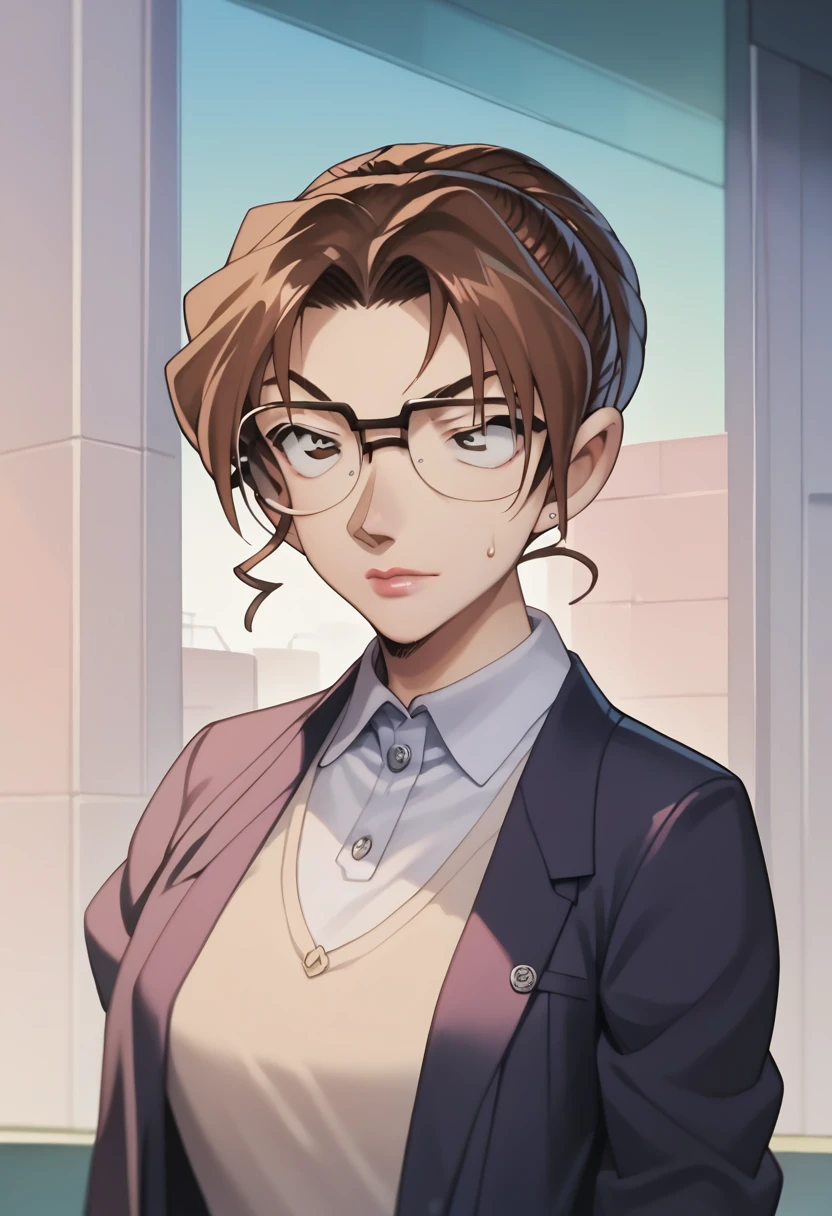 score_9, score_8_up, score_7_up,brown hair,glasses, a mature woman,anime style,perfect figure
