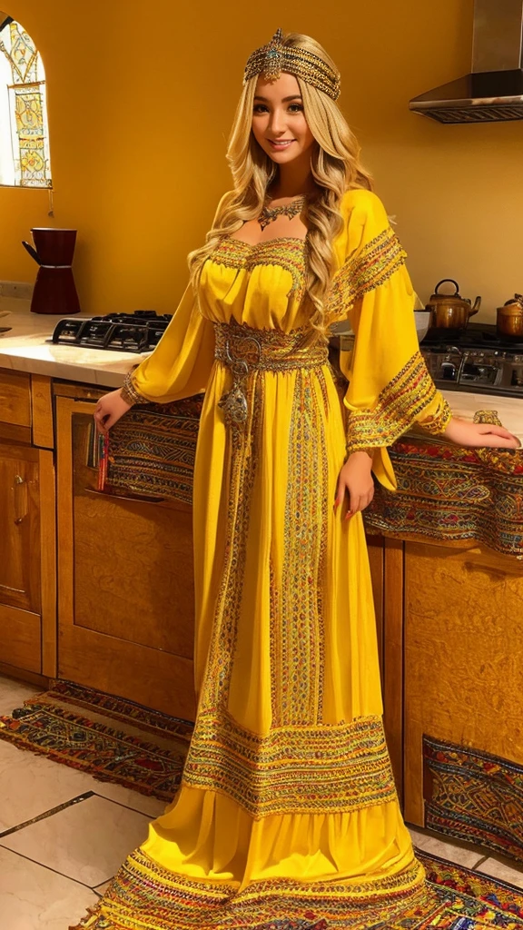 beautifull hot german blonde, robe kabyle, berber, amazigh dress, kabyledress, tizi ouzou, berber outfil, kabylegirl, bijoux, kitchen background, full body, realistic, golden yellow color robe