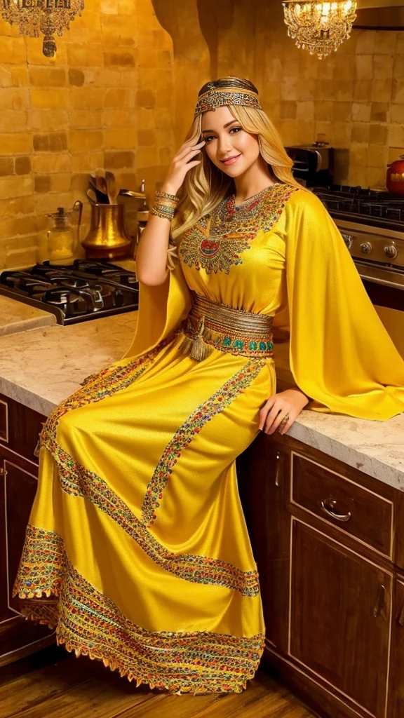 beautifull hot german blonde, robe kabyle, berber, amazigh dress, kabyledress, tizi ouzou, berber outfil, kabylegirl, bijoux, kitchen background, full body, realistic, golden yellow color robe