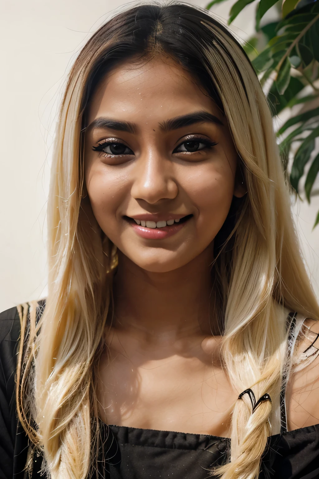 Photo of a beautiful Bangladeshi young women, 20 years old, an Instagram model, big smile, big dimple, balck eyes, narrow eyebrow, white makeup, long blonde_hair, black hair, centered on face, soft light, head and shoulders portrait, cover