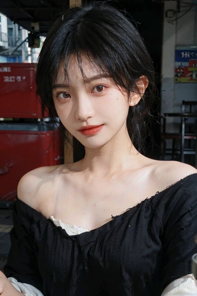 (Skin details:1.4), (smooth skin textures:1.3), (Upper body:1.4),(Upper Body:1.3),(Black clothes:1.4),(Off-shoulder:1.4),Lipstick, background, earrings, serene, calm, (Realistic and detailed eyes:1.2), Natural skin texture, Realistic facial details, Soft dramatic lighting, Vivid details, 35 mm film, outdoor, (Photo Practical:1.4), (hyper Practical:1.4), (Practical:1.3), (Smoother lighting:1.05), (Improve lighting quality:0.9), (Highest quality real skin textures:1.4), Exquisite eyes, Delicate face, Close-up of face, (Enhance the beauty of skin texture:1.1),0Normal body proportions, short hair, Moles under the eyes, A faint smile,Portrait Photography, Depth of Field, Bokeh, Surrealism, Ray Tracing, (Portrait Photography:1.1), Surrealism, High Detail, Chiaroscuro, Ray Tracing, reflected light, Ultra HD, Ultra HD, masterpiece, Textured Skin, Super Detail, High Detail, high quality, best quality