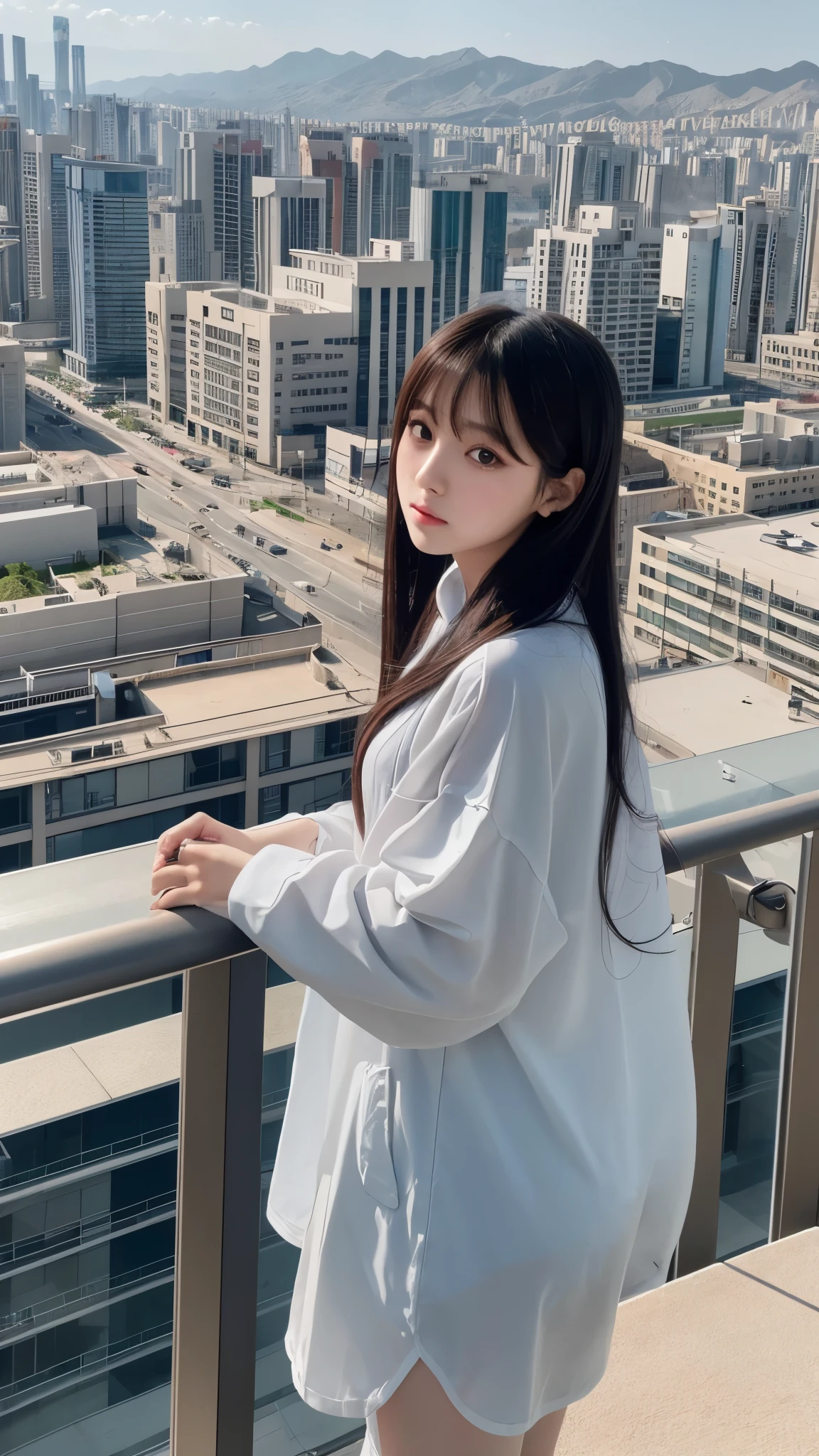 Arabian woman standing on top of a building overlooking the city, Ulzzang, Korean Girls, Portrait of a Japan ager, Wearing long, loose clothing, 🤤 Portrait of a Girl, Chiho, Yoshitomo Nara, Blackpink's Joshi portrait, young asian girl, From 8k matte, egirl, e - girl