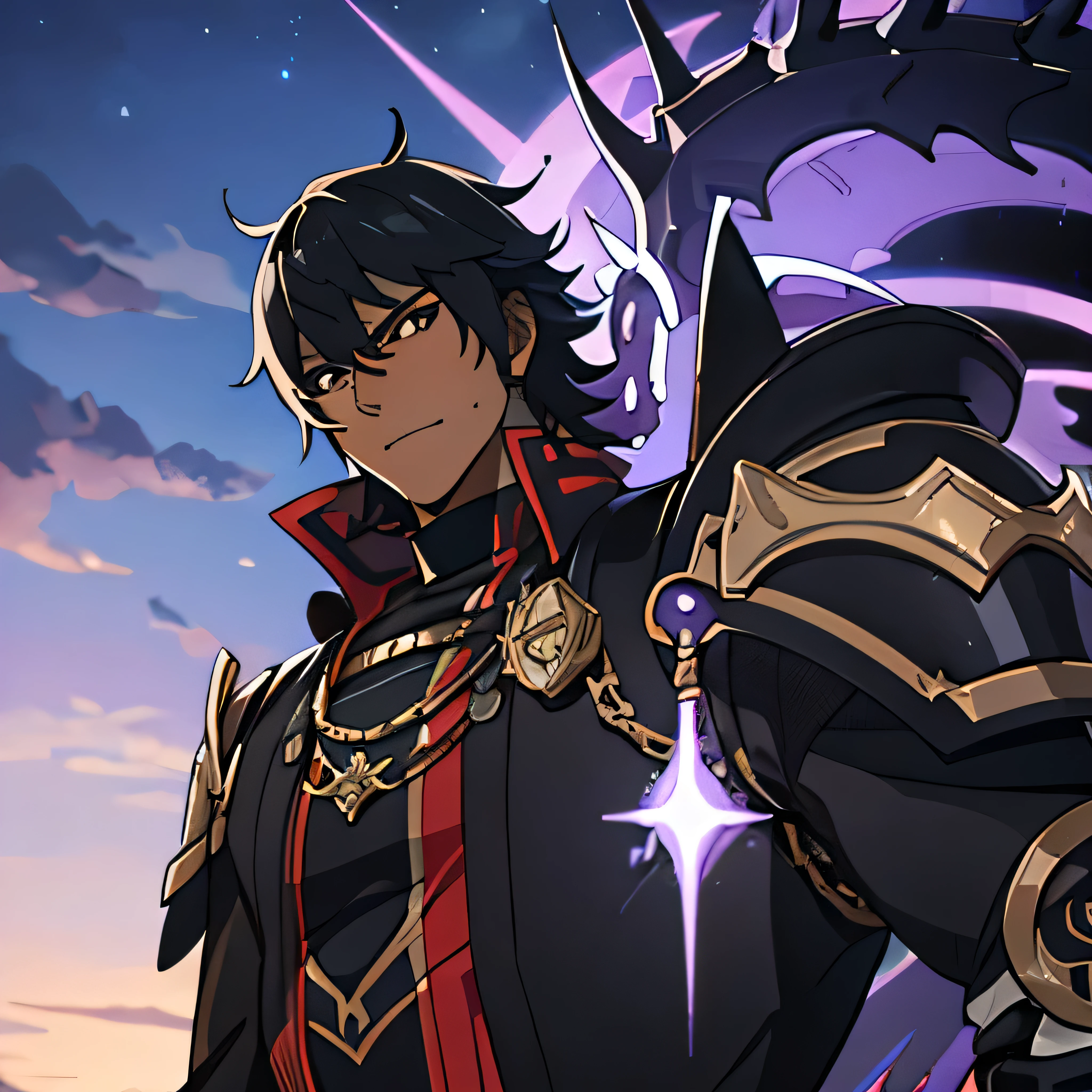 a male anime,dark skin,single character, style Hyacinthe Rigaud, black suite, short black hair with white highlights, barba, visual novel sprite, detailed black armor, high qualiy, cinematic, dramatic pose, details Intricate, swirly vibrant colors, work of art, impacto genshin.