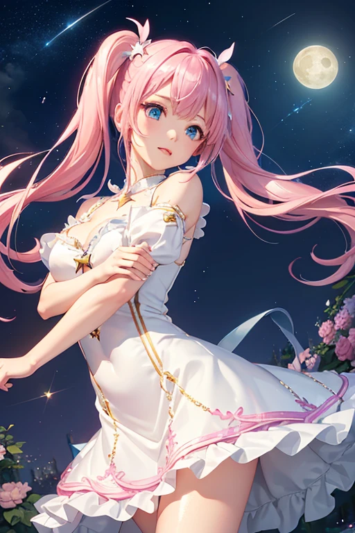 (Highest quality、Highest quality、Masterpiece、Very delicate、Very detailed、Exquisite、16K、Full HD)、(Adorable poses、Dynamic Pose)、1 female、(White shiny decollete dress、Golden embroidery、Silver embroidery、Frill mini skirt dress、Skirt in the wind、Pink frills)、Perfect body line、Realistic、Glowing Skin、(Groomed eyebrows、Pink Lips、Blue Eyes)、(Pink Hair、Twin tails、Shiny Hair)、Dramatic lighting、(star、moon、water、star空)