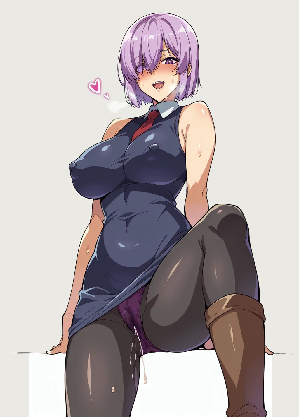 Ultra-detailed illustrations、Ultra-precise expression、masterpiece、Highest quality、ultra High resolution、High resolution、Hiromitsu Takeda Style、White background、Simple Background、One girl、solo、Mash Kyrielight、light purple hair,short hair,hair over one eyes、Black sleeveless dress, White collar、Red tie、Black Pantyhose、Purple panties、Brown boots、Purple eyes、Vulgar expression、smile、Open your mouth、blush、Large Breasts、Big Breasts、Erect nipples、Choker of Hearts、White Breath、Sweat、Glowing Skin、shiny skin、Front angle、View your viewers、Pussy juice、