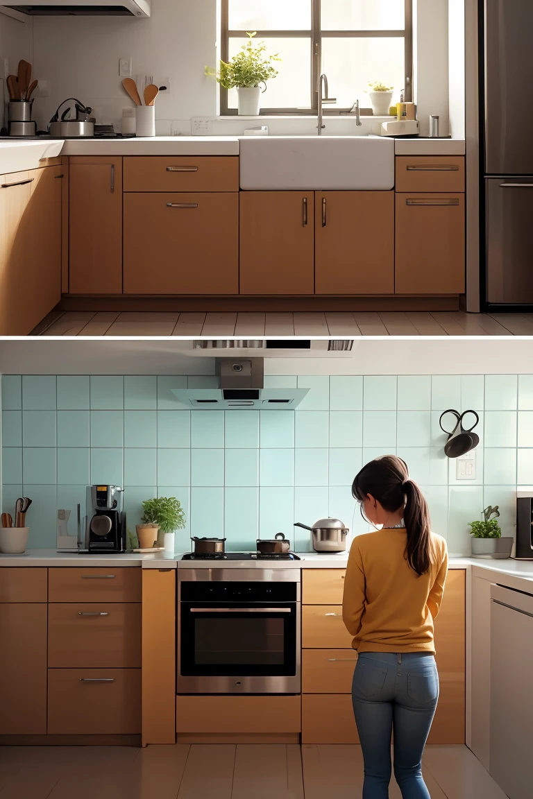 a digital artwork featuring two individuals standing in a modern kitchen. The individuals should have their faces obscured for privacy. One person is wearing a light orange jacket over a white top, and the other is wearing a blue denim jacket. The background should include various kitchen appliances and items such as a stove, a kettle, and some plants, with a focus on a realistic and detailed depiction of the kitchen environment.