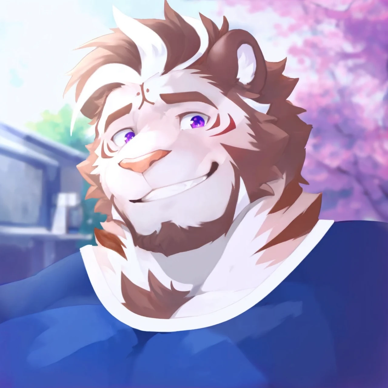 A furry male (white tiger), (Wearing blue) (anthro, male cute, barazoku, anime by littleblackalas, (kemono, bara), anime, shadows, smooth skin, masterpiece, best quality, by (by Pino Daeni, (by ruaidri), (starbuck), by (darkgem), (null ghost), (baiyushou) ((Estper)) (narse), (icon) (Gentle smile) (sakura background) (starry violet eyes)