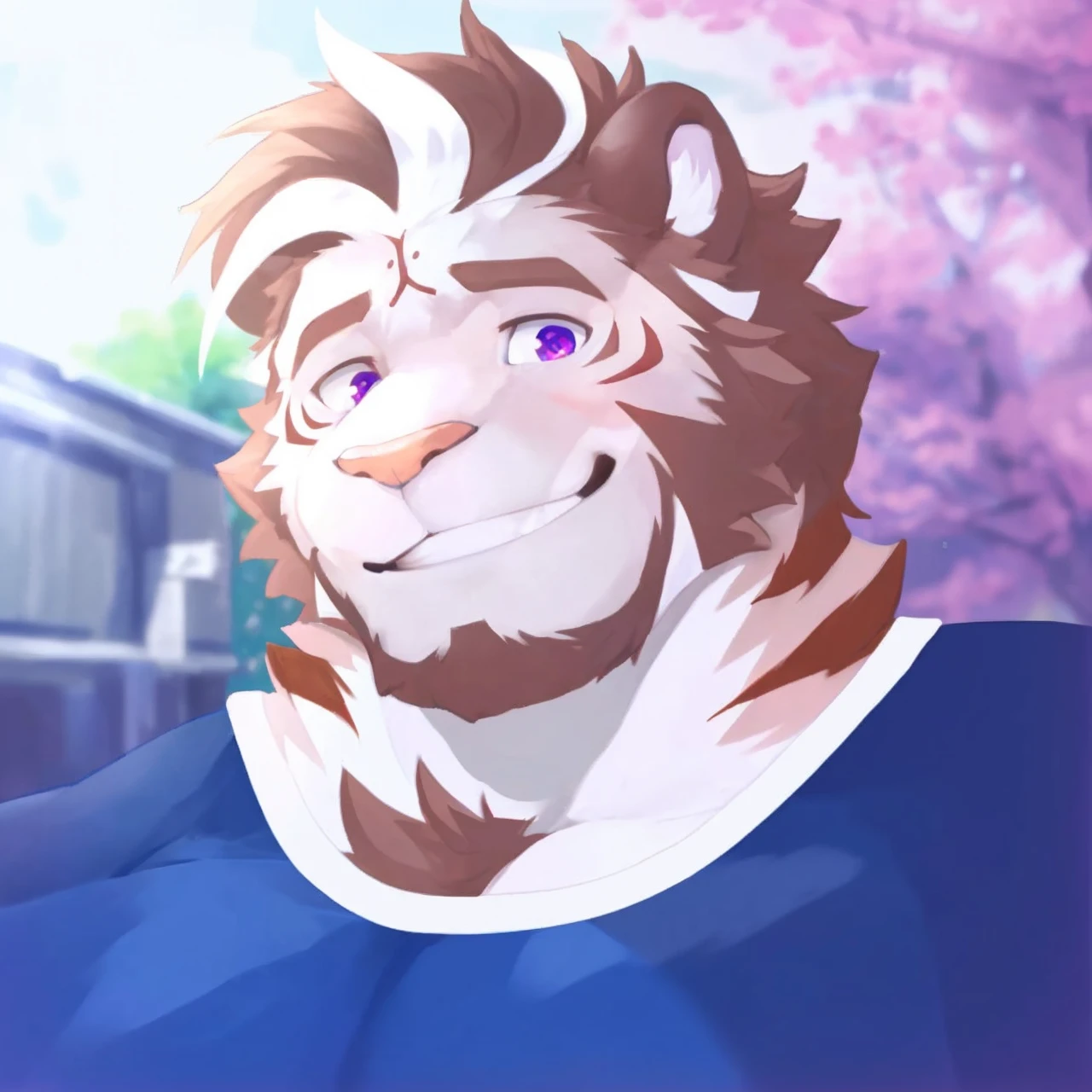 A furry male (white tiger), (Wearing blue) (anthro, male cute, barazoku, anime by littleblackalas, (kemono, bara), anime, shadows, smooth skin, masterpiece, best quality, by (by Pino Daeni, (by ruaidri), (starbuck), by (darkgem), (null ghost), (baiyushou) ((Estper)) (narse), (icon) (Gentle smile) (sakura background) (starry violet eyes)
