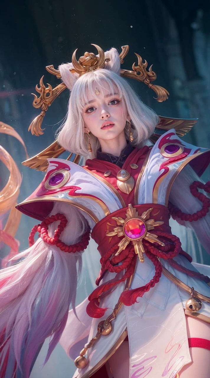 A close-up portrait of an albino woman with pastel tones, depicted in a futuristic style. She has an intricate, elaborate hairstyle with multiple braids adorned with pearls and flowers, but with a modern twist. Her hair is white, and she has blue eyes with light freckles on her face. She is dressed in an opulent, high-tech outfit with metallic and holographic elements, and delicate jewelry with futuristic designs. The background is a sleek, high-tech interior with soft, ambient lighting that highlights the details of her attire and accessories. The overall aesthetic blends fantasy and science fiction, emphasizing intricate craftsmanship and a serene expression.