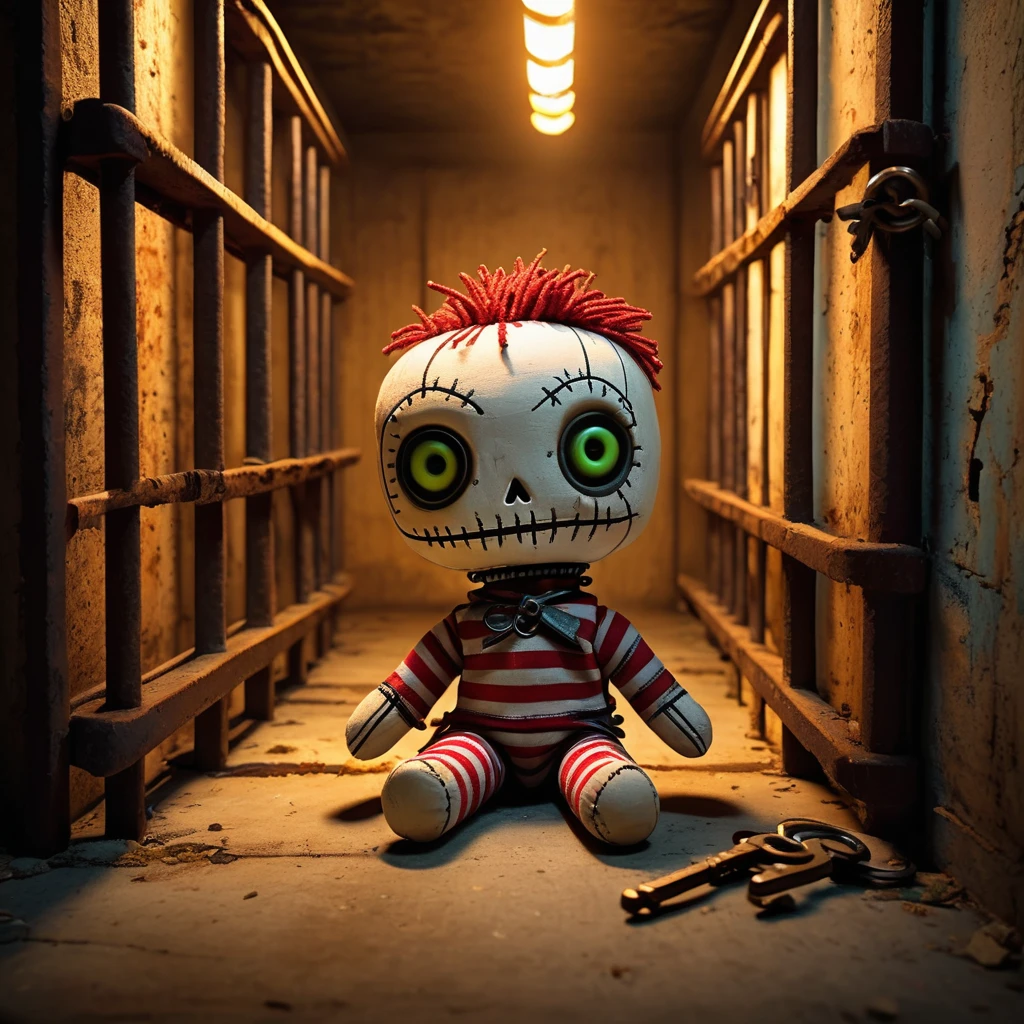 (knitted toy voodoo doll:1.5), (Voodoo Doll in an Abandoned Prison:1.3), (Clothing: striped prison attire with worn patterns:1.0), (Accessories: enchanted key emitting a dim glow, floating rusty shackles:1.1), (background: dilapidated prison with broken bars, dark corridors, and an oppressive ambiance:1.2), best quality, masterpiece, detailed soft oil painting, detailed background, dramatic cinematic lighting, soft edge lighting, professional, dramatic lighting, hard edge lighting, ultra quality, 4k,masterpiece, best quality, 8k, ultra highres, highres, extremely detailed