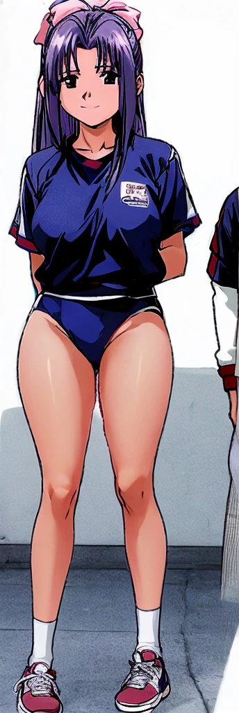 Momoko Koigakubo, a tall girl with beautiful legs, is standing with a smile on her face, wearing white gym clothes and light navy blue bloomers that look like panties, with her legs spread to the sides.。In front of Momoko Koigakubo, a smiling second-grade boy is standing next to her in a tracksuit, and is being embraced by Momoko Koigakubo with a smile on his face.。